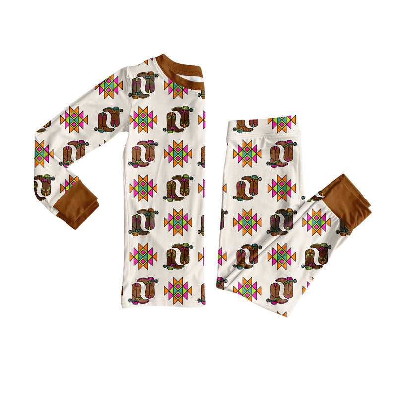 Preorder(moq 8)Baby Girls Long Sleeve Aztec Boots Top Pants Western Pajamas Sets