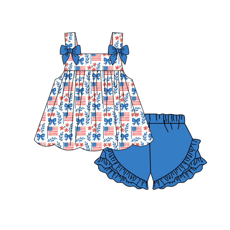 Preorder moq 5 Baby Girls Strap Flowers Flags Tunic Ruffle Shorts 4th of July Clothes Set