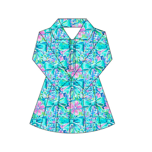 Preorder moq 10 Baby Girls Blue Bows Floral Long Sleeves Zipper Activity Wear Yoga Knee Length Dresses