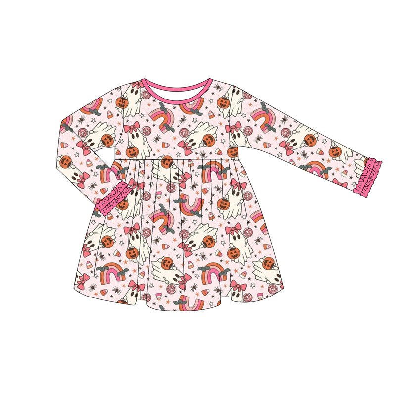 Preorder (moq 5)Baby Girls Pink Long Sleeves Ghost Pumpkins Rainbows Knee Length Dresses
