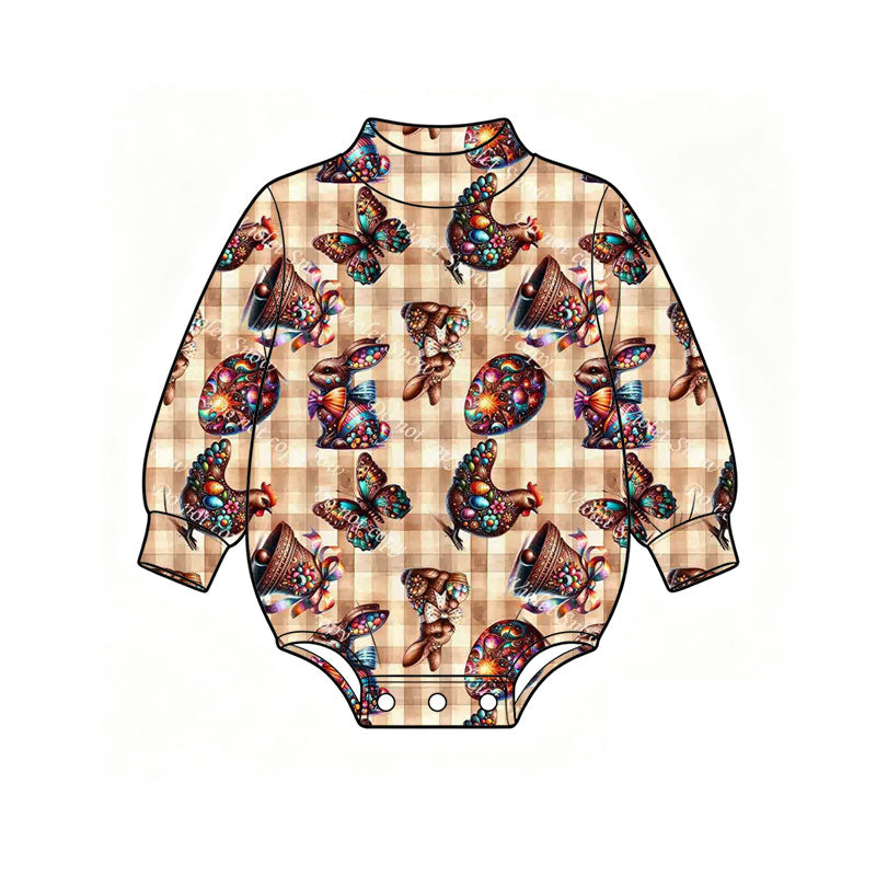 Preorder (moq 5) Baby Girl Clothes Easter Egg Chicken Butterfly Plaid Print Long Sleeve Mock Neck Baby Bodysuit