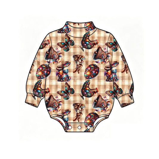Preorder (moq 5) Baby Girl Clothes Easter Egg Chicken Butterfly Plaid Print Long Sleeve Mock Neck Baby Bodysuit