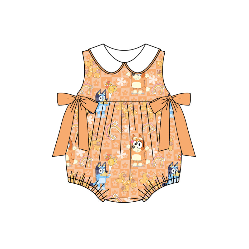 Preorder(moq 5)Baby Infant Girls Orange Plaid Sleeveless Cartoon Dogs Bows Summer Rompers