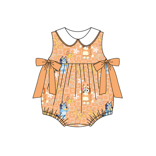Preorder(moq 5)Baby Infant Girls Orange Plaid Sleeveless Cartoon Dogs Bows Summer Rompers
