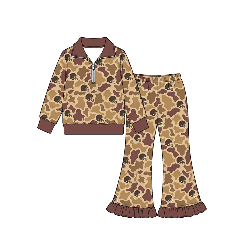 Preorder (moq 5) Baby Girl Clothes Brown Camo Football Helmet Print Long Sleeve Half Zip Top Ruffle Flare Pant Set