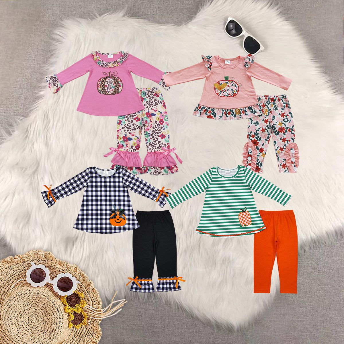 Sibling Baby Girls Long Sleeve Floral Pumpkins Tunic Bell Bottom Legging Pant Fall Clothes Set