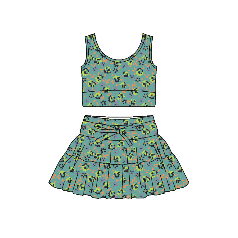 Preorder (moq 5)Baby Girls Green Flowers Vest Ruffle Skirt Shorts Clothes Sets