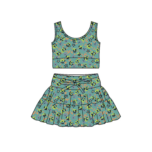 Preorder (moq 5)Baby Girls Green Flowers Vest Ruffle Skirt Shorts Clothes Sets