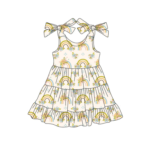 Preorder (moq 5)Baby Girls Strap Yellow Rainbows Floral Knee Length Dresses
