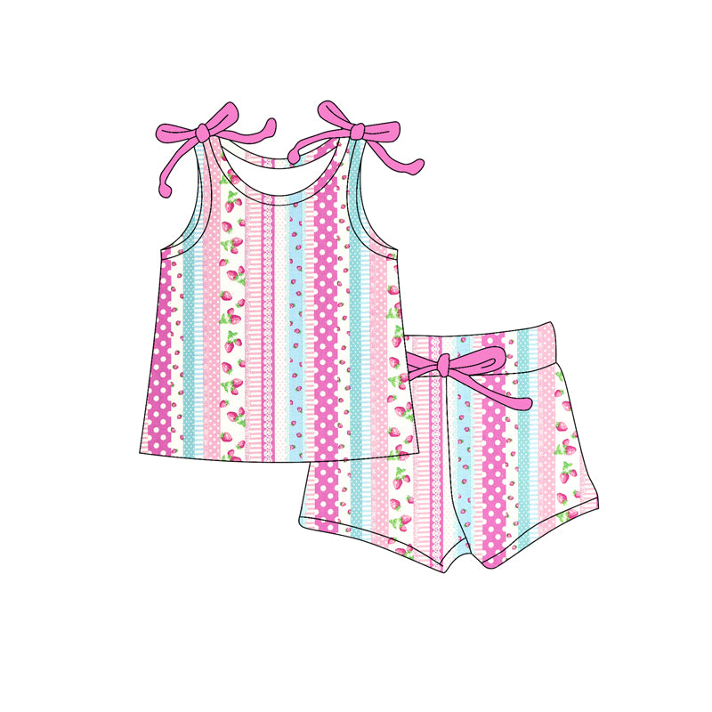 Preorder moq 5 Baby Girls Bows Sleeveless Pink Stripe Strawberry Top Short Set
