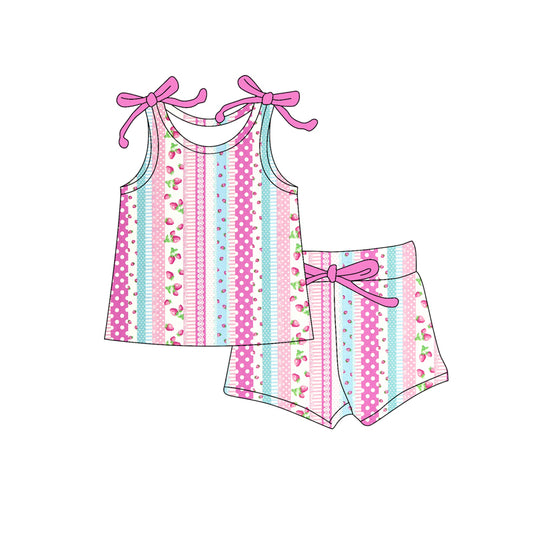 Preorder moq 5 Baby Girls Bows Sleeveless Pink Stripe Strawberry Top Short Set
