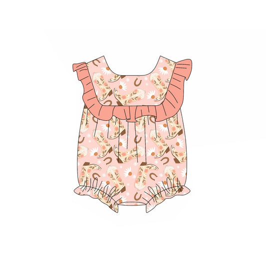 Preorder(moq 5)Baby Infant Girls Peach Ruffle Sleeveless Boots Flowers Rompers