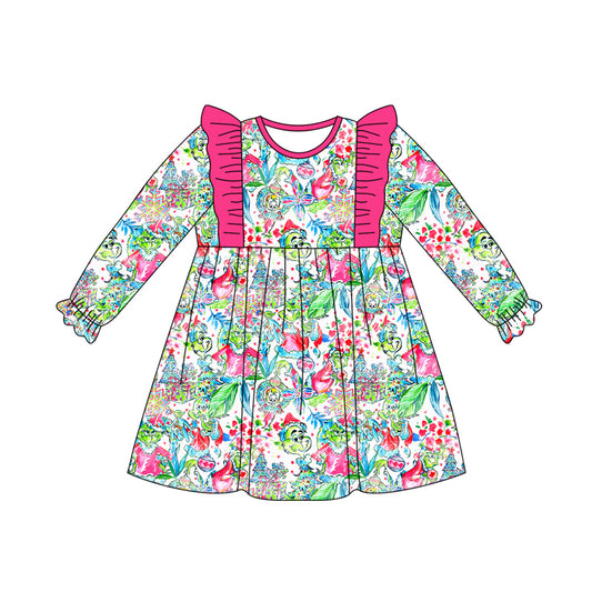 Preorder (moq 5)Baby Girls Green Face Floral Christmas Knee Length Dress