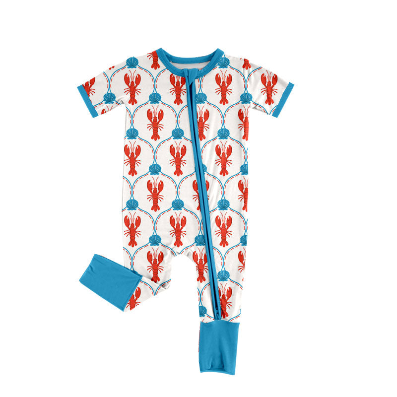 Preorder (moq 5) Baby Girl Clothes Red Lobster Seashell Mixed Print Short Sleeve Zipper Romper