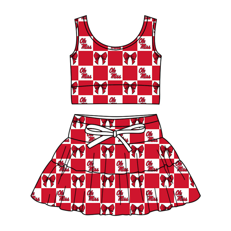 Preorder (moq 5)Baby Girls Ole Miss Bows Checked Vests Skirt Shorts Team Clothes Sets