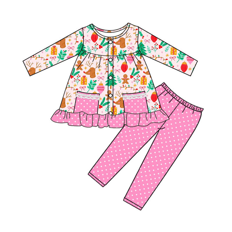 Preorder (moq 5)Baby Girls Gifts Deer Button Pockets Tunic Leggings Christmas Clothes Sets
