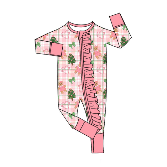 Preorder (moq 5)Baby Girls Bows Gingerbread Christmas Two Way Ruffle Zip Convertible Rompers