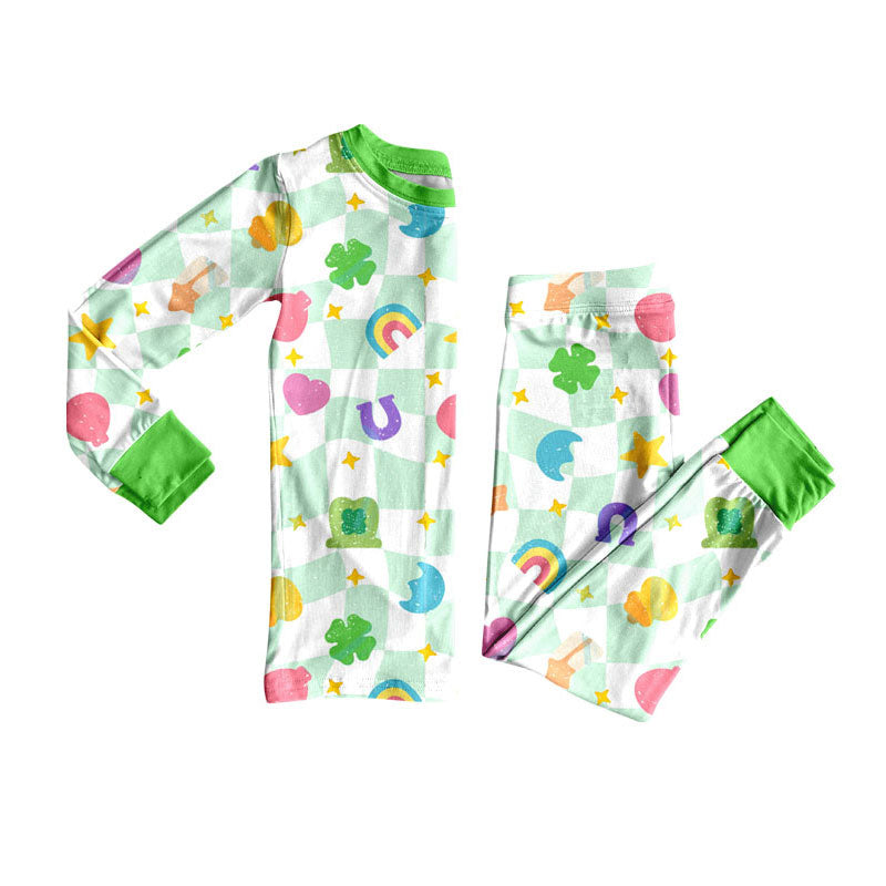 Preorder (moq 5)Baby Girls Green Checked Clovers Stars Top Pants St Patrick Pajamas Sets