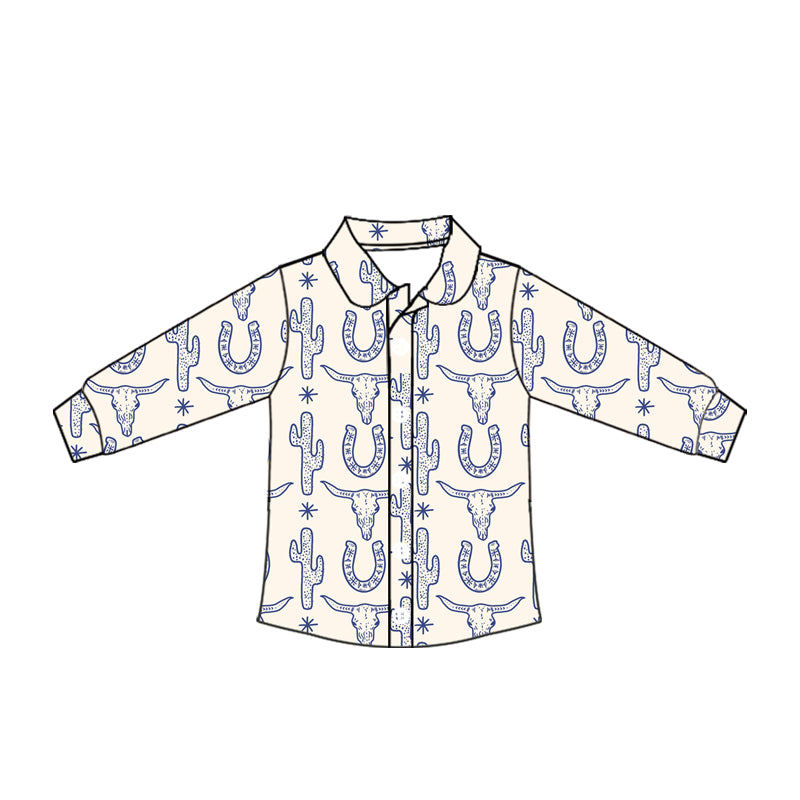 Preorder moq 10 Baby Boys Long Sleeves Blue Bull Skull Cactus Button Shirts Top