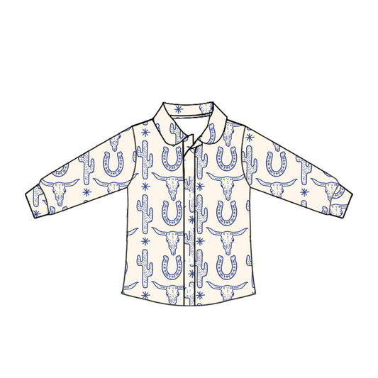 Preorder moq 10 Baby Boys Long Sleeves Blue Bull Skull Cactus Button Shirts Top