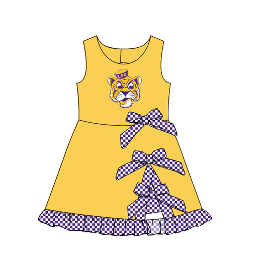 Preorder (custom moq 5)Baby Girls Sleeveless LSU Tiger Short Bows Ruffle Team Knee Length Dress