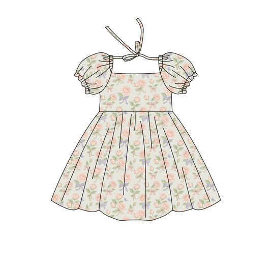 Preorder (moq 5)Baby Girls Short Ruffle Sleeve Colorful Flowers Bows Knee Length Dresses