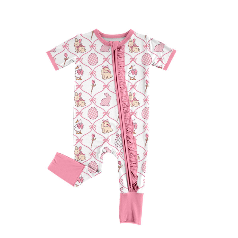 Preorder moq 5 Baby Girls’ Pink Cute Bunny & Goose Print Round-Neck 3/4-Sleeve Zip-Up Romper with Pink Ruffle Trim