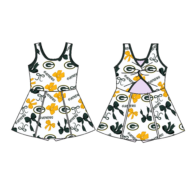 Preorder (moq 5)Baby Girls Green Sleeveless Bows Plaid G Shorts Team Knee Length Dresses