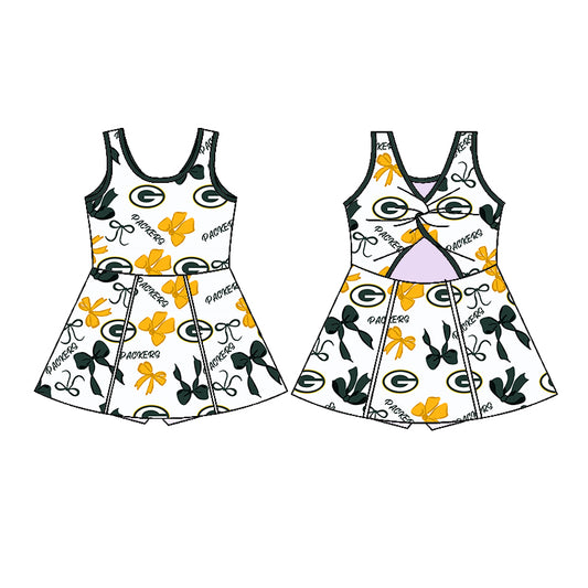 Preorder (moq 5)Baby Girls Green Sleeveless Bows Plaid G Shorts Team Knee Length Dresses