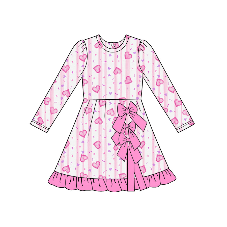 Preorder (moq 5)Baby Girls Pink Stripe Hearts Short Bows Valentines Knee Length Dress