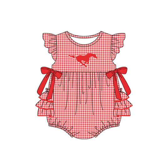 Preorder moq 5 Baby Girls Red Plaid Flutter Sleeves Bows Horses Team Rompers