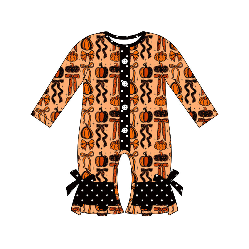 Preorder moq 5 Baby Infant Girls Long Sleeves Bows Pumpkins Plaid Button Ruffle Pant Romper
