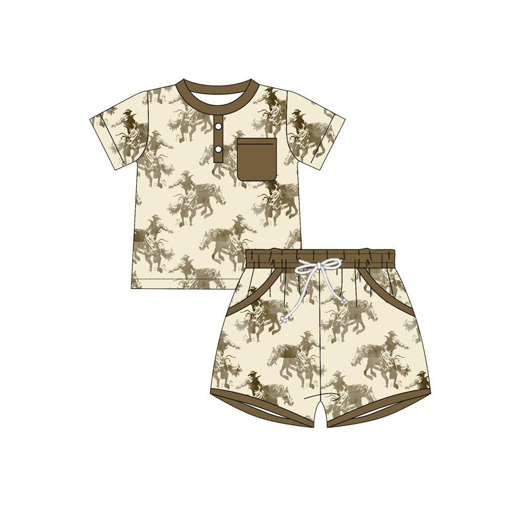 Preorder(moq 5) Baby Boys Horse Rodeos Button Top Pocket Shorts Western Clothes Sets