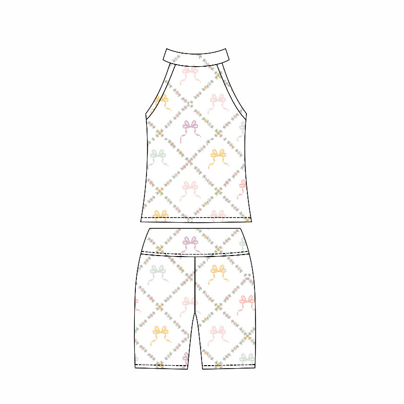 Preorder moq 10 Baby Girls Sleeveless Colorful Bows Plaid Activity Wear Vest Top Biking Shorts Yoga Set