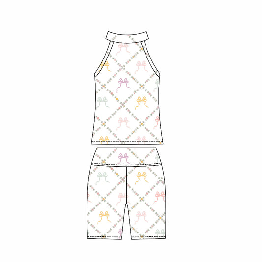 Preorder moq 10 Baby Girls Sleeveless Colorful Bows Plaid Activity Wear Vest Top Biking Shorts Yoga Set