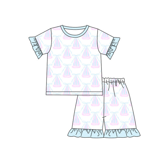 Preorder (moq 5)Baby Girls Sail Boat Top Shorts Pajamas Clothes Sets