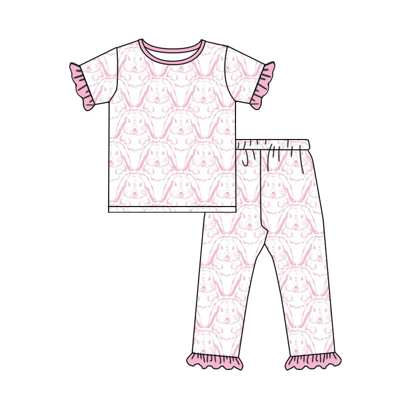 Preorder (moq 5) Baby Girls Pink Rabbits Plaid Top Ruffle Pant Easter Pajamas Set