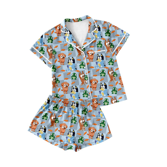 Preorder(moq 5)Adult Women Cartoon Dogs Lapel Button Tee Shirts Shorts Pajamas Sets