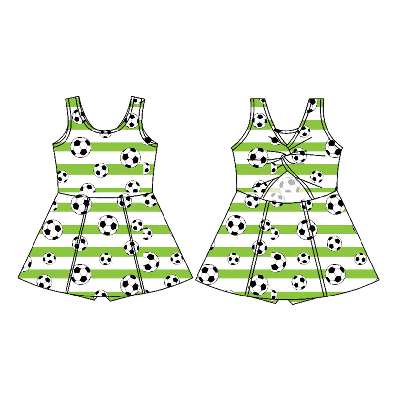 Preorder (moq 5)Baby Girls Green Stripe Footballs Team Shorts Knee Length Dresses