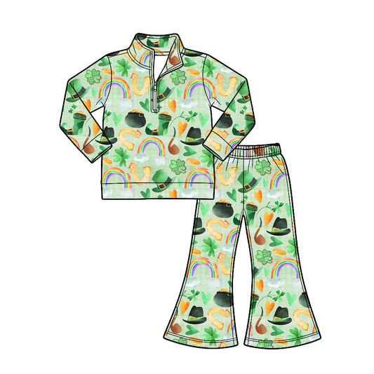 Preorder (moq 5) Baby Girl Clothes St Patrick’s Day Rainbow Leprechaun Print Long‑sleeve Quarter Zip Top Flare Pants Set