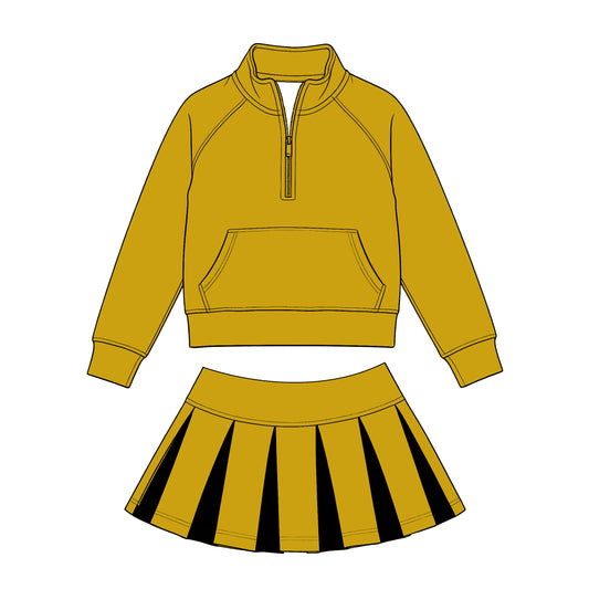Preorder (moq 5) Baby Girls Gold Zip Pockets Pullovers Black Pleated Skirt Short Clothes Sets