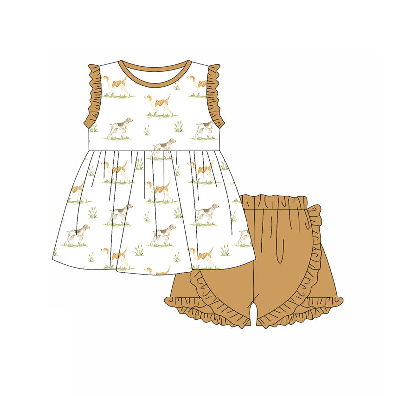 Preorder (moq 5)Baby Girls Khaki Sleeveless Dogs Tunic Ruffle Shorts Set