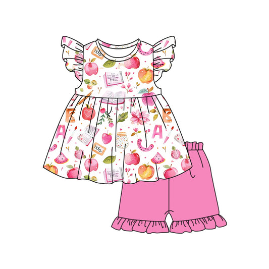 Preorder (moq 5)Baby Girls Pink Back To School Apples Top Shorts Clothes Sets
