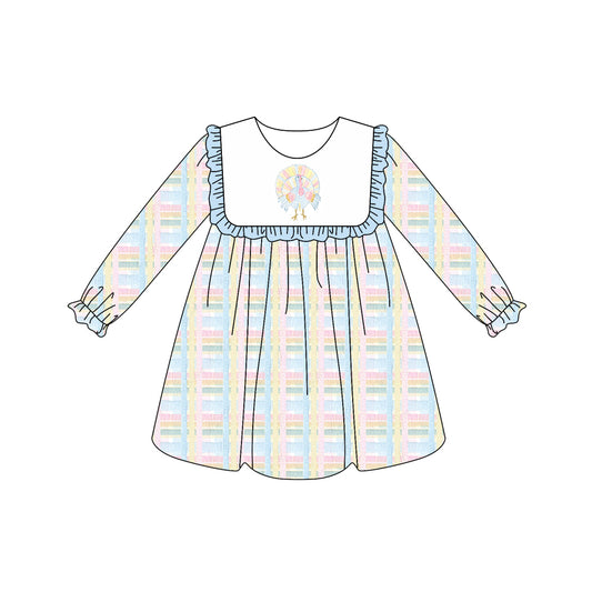 Preorder (moq 5)Baby Girls Long Ruffle Sleeves Light Blue Turkey Plaid Knee Length Dresses