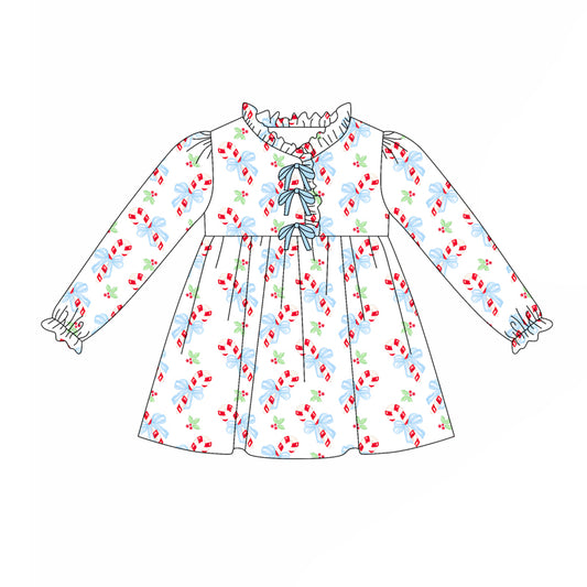 preorder(moq 5) Baby Girls Long Sleeves Blue Bows Candy Cane Plaid Knee Length Dress