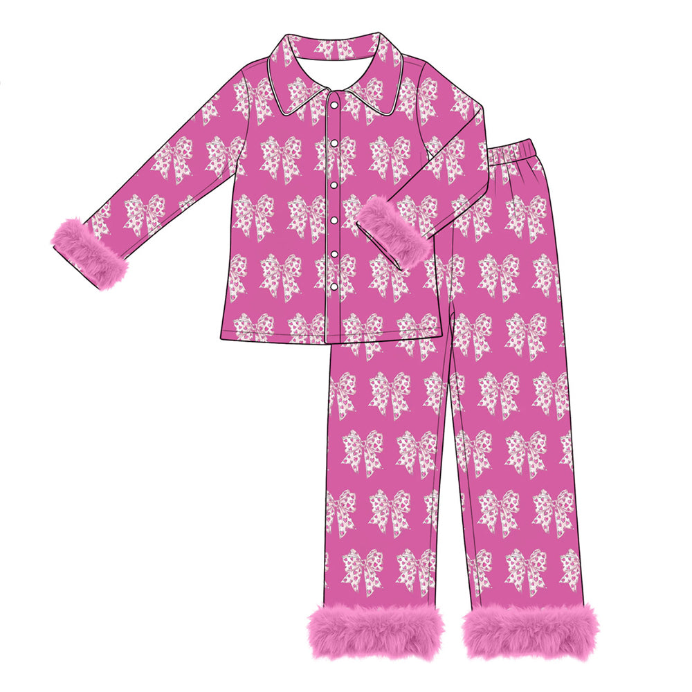 Preorder (moq 5) Adult Women Hearts Bows Button Top Pant Valentines Fur Sleeves Pajamas Set