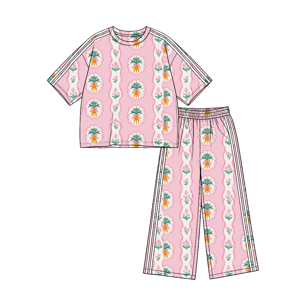 Preorder (moq 5)Baby Girls Flower Carrots Stripe Top Pockets Flare Pant Easter Clothes Set