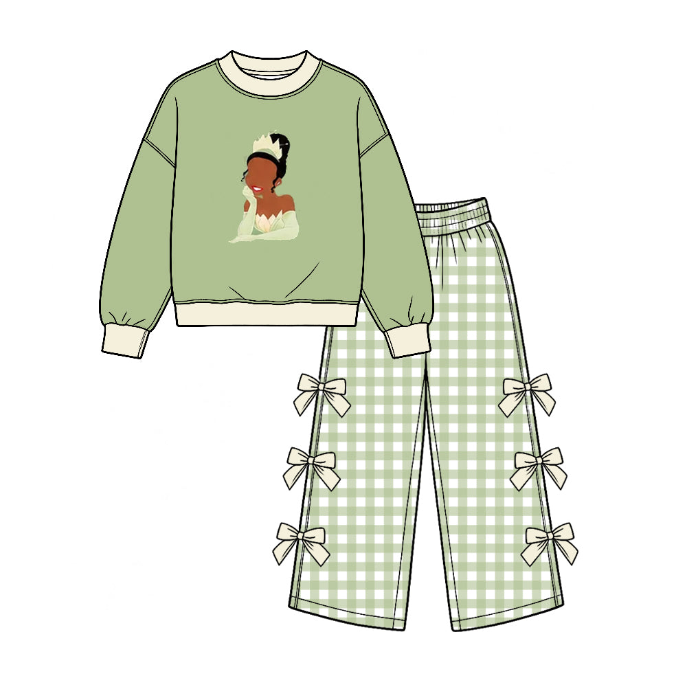 Preorder (moq 5) Baby Girl Clothes Princess Tiana Character Print Gingham Plaid Long Sleeve Bow Decor Wide Leg Pant Set