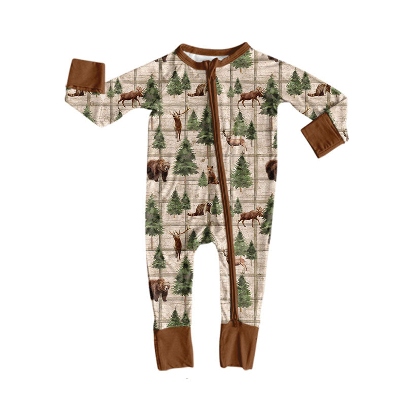 Preorder (moq 5) Baby Boys Trees Bears Deer Hunting Two Way Zip Convertible Rompers