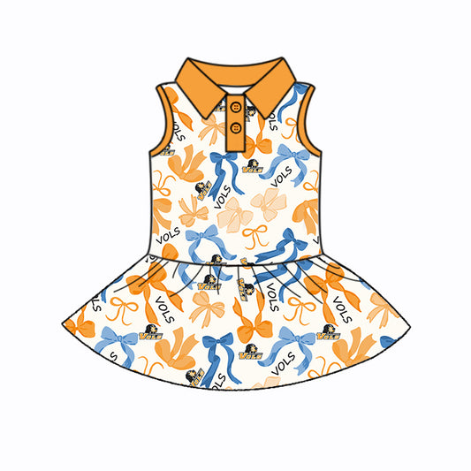 Preorder (moq 5)Baby Girls Sleeveless Blue Yellow Bows Plaid Vols Button Team Knee Length Dresses